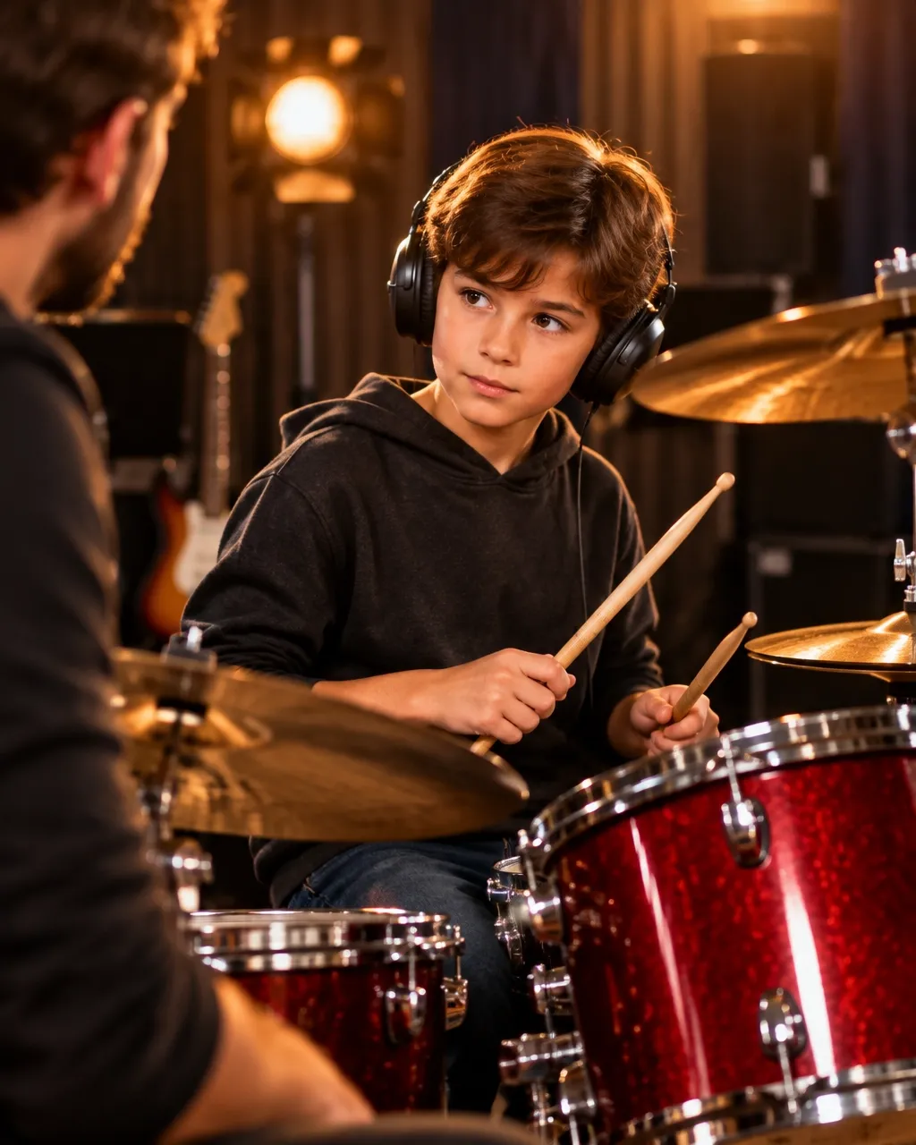 Student practising on a drum kit
