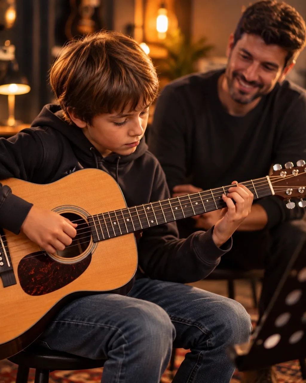 Young student playing guitar during a lesson