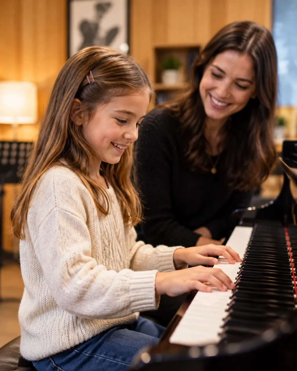 Student learning piano in a music lesson