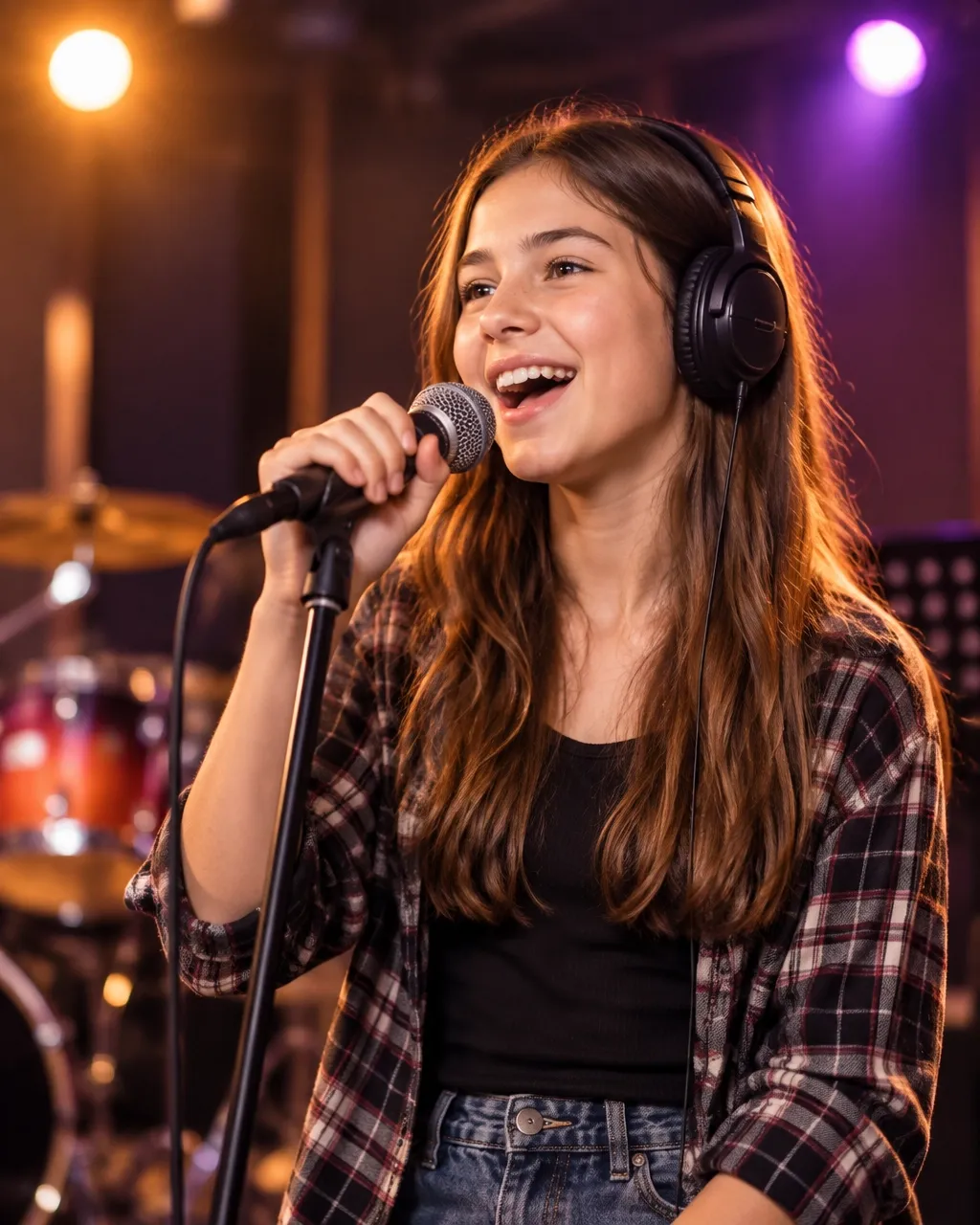 Student singing into a microphone