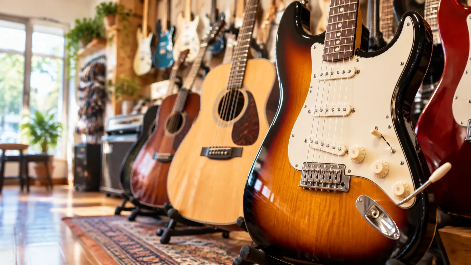 Guitars on display at an independent local music shop